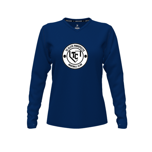 [CUS-DFW-TEES-CMF-VNK-LSL-NVY-FYXS-LOGO1] Comfort T-Shirt (Female Youth XS, Navy, V Neck, Logo 1, Long Sleeve)