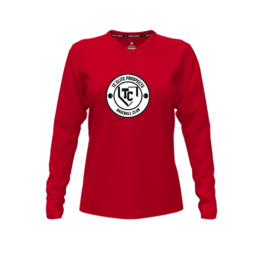 [CUS-DFW-TEES-CMF-VNK-LSL-RED-FYXS-LOGO1] Decker Comfort T-Shirt (Female Youth XS, Red, V Neck, Logo 1, Long Sleeve)