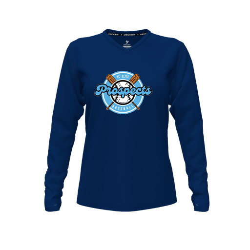 [CUS-DFW-TEES-PER-VNK-LSL-NVY-FYXS-LOGO2] Performance T-Shirt (Female Youth XS, Navy, V Neck, Logo 2, Long Sleeve)