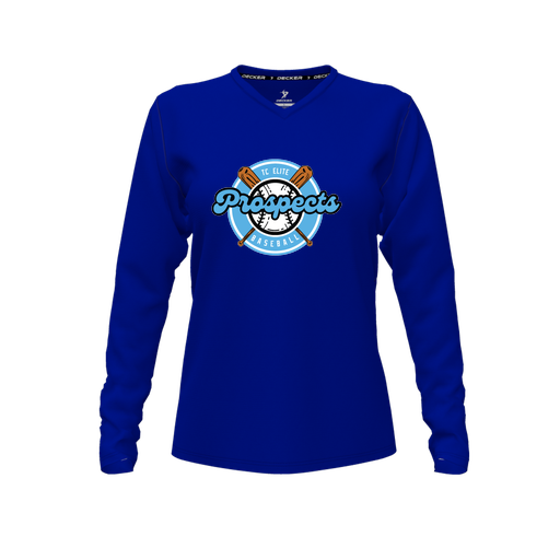 [CUS-DFW-TEES-PER-VNK-LSL-RYL-FYXS-LOGO2] Performance T-Shirt (Female Youth XS, Royal, V Neck, Logo 2, Long Sleeve)