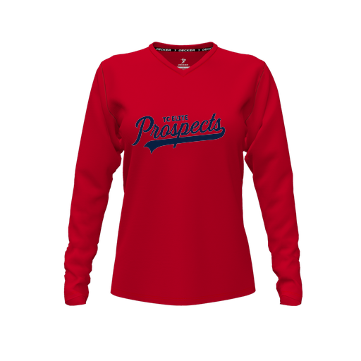 [CUS-DFW-TEES-PER-VNK-LSL-RED-FYXS-LOGO3] Performance T-Shirt (Female Youth XS, Red, V Neck, Logo 3, Long Sleeve)